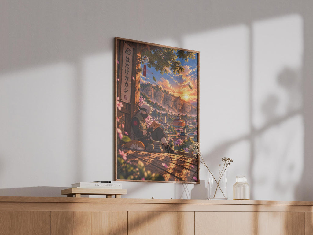 Kakashi Hatake Poster, Naruto Anime Wall Art, Konoha Sunset Print, Hokage Rock
