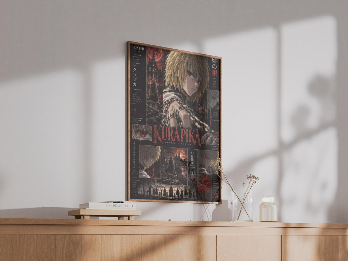 Kurapika Hunter x Hunter Poster, Scarlet Eyes Anime Wall Art, Dark Red Collage Print