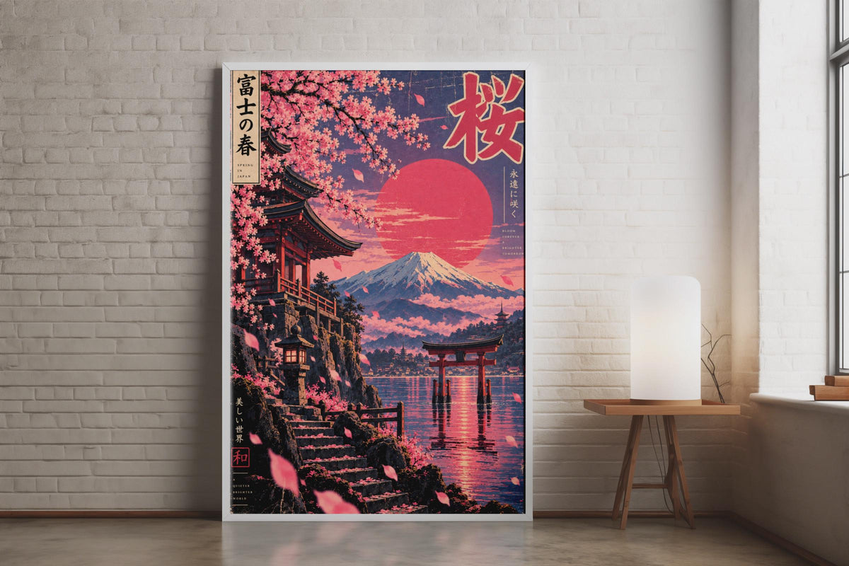 Cherry Blossom Mount Fuji Poster, Japanese Spring Wall Art, Torii Gate Print, Retro