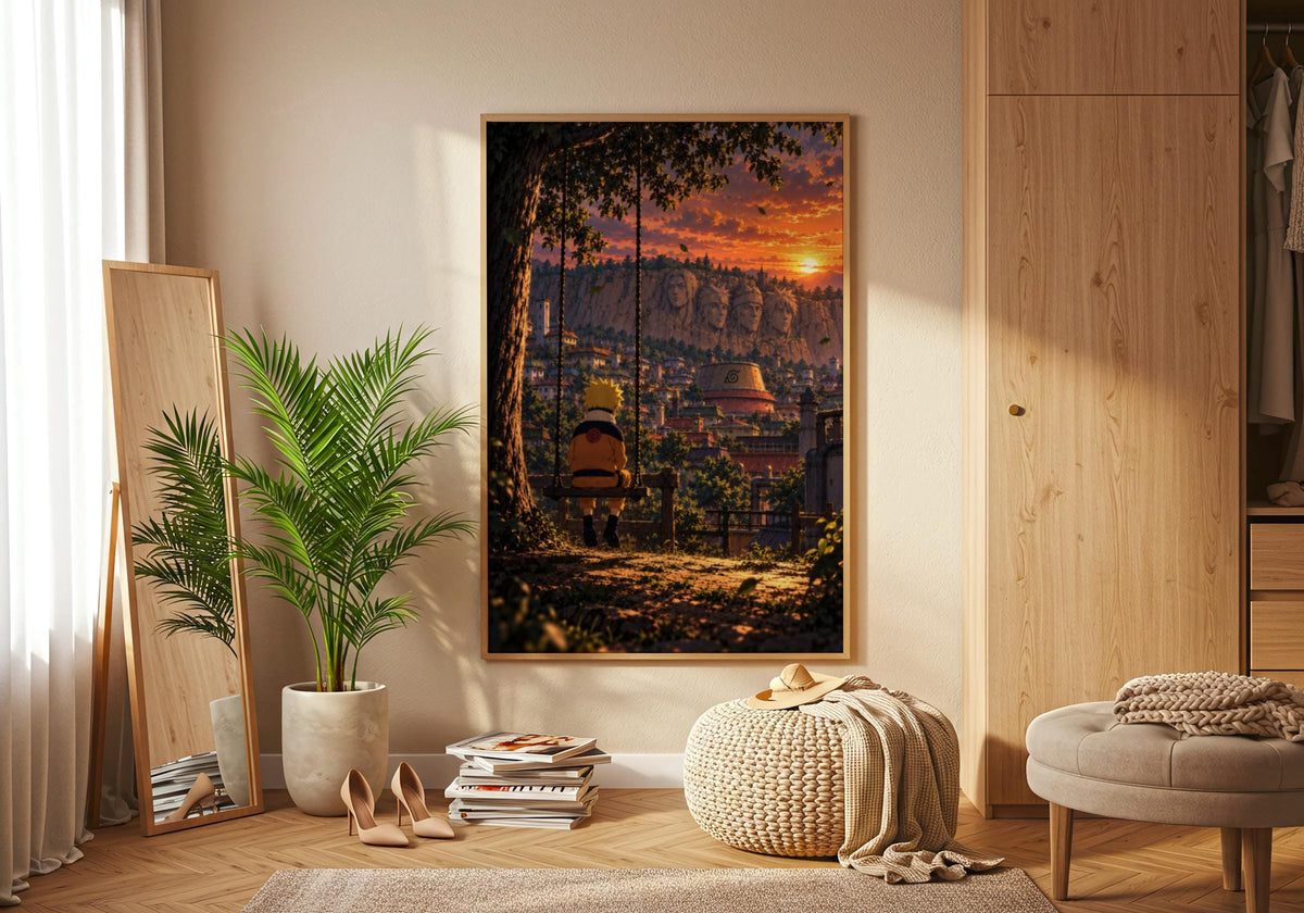 Naruto Swing Sunset Poster, Konoha Village Wall Art, Anime Print, Orange Sky Gift