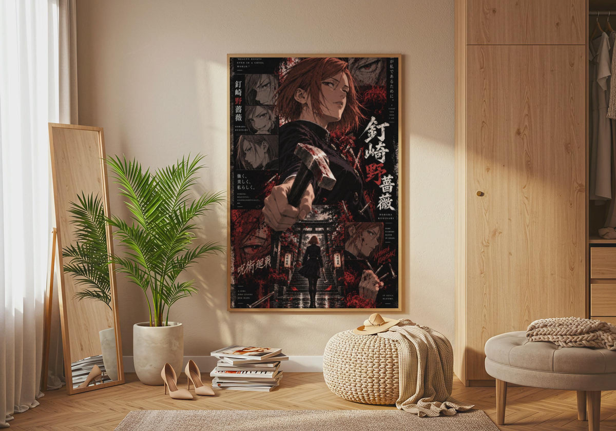 Nobara Kugisaki Poster, Jujutsu Kaisen Wall Art, Dark Anime Print, Red Black