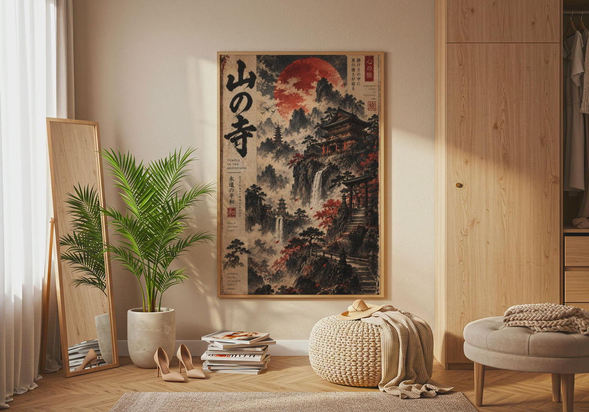 Japanese Temple Mountain Scroll Poster, Red Moon Zen Wall Art, Vintage Eastern Print