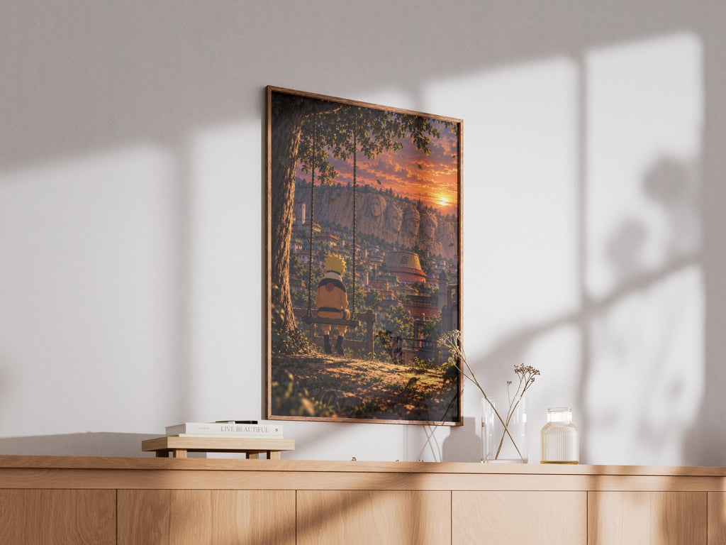 Naruto Swing Sunset Poster, Konoha Village Wall Art, Anime Print, Orange Sky Gift