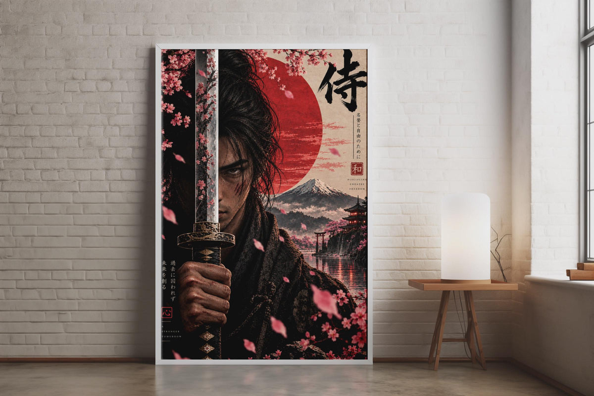 Samurai Warrior Poster, Japanese Katana Art, Cherry Blossom Print (Physical)
