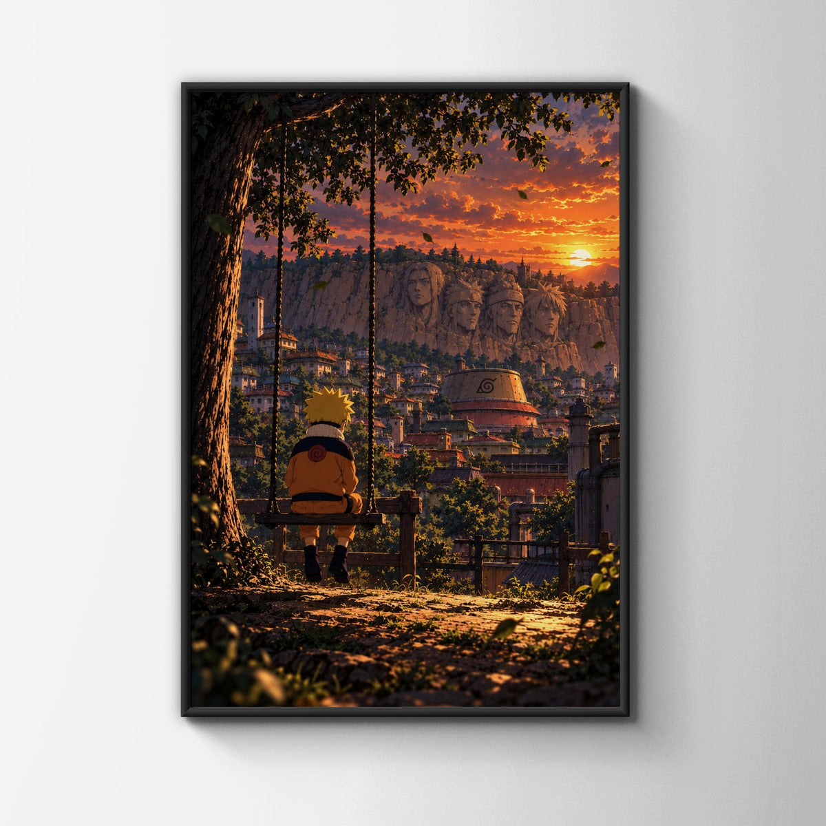 Naruto Swing Sunset Poster, Konoha Village Wall Art, Anime Print, Orange Sky Gift