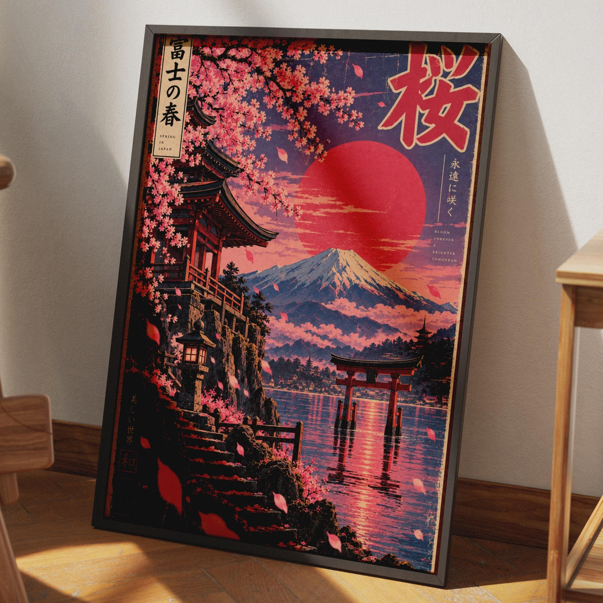 Cherry Blossom Mount Fuji Poster, Japanese Spring Wall Art, Torii Gate Print, Retro