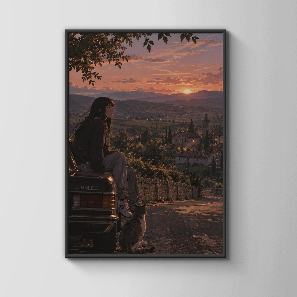 Anime Girl Vintage Car Sunset Poster, Countryside Village Wall Art Print