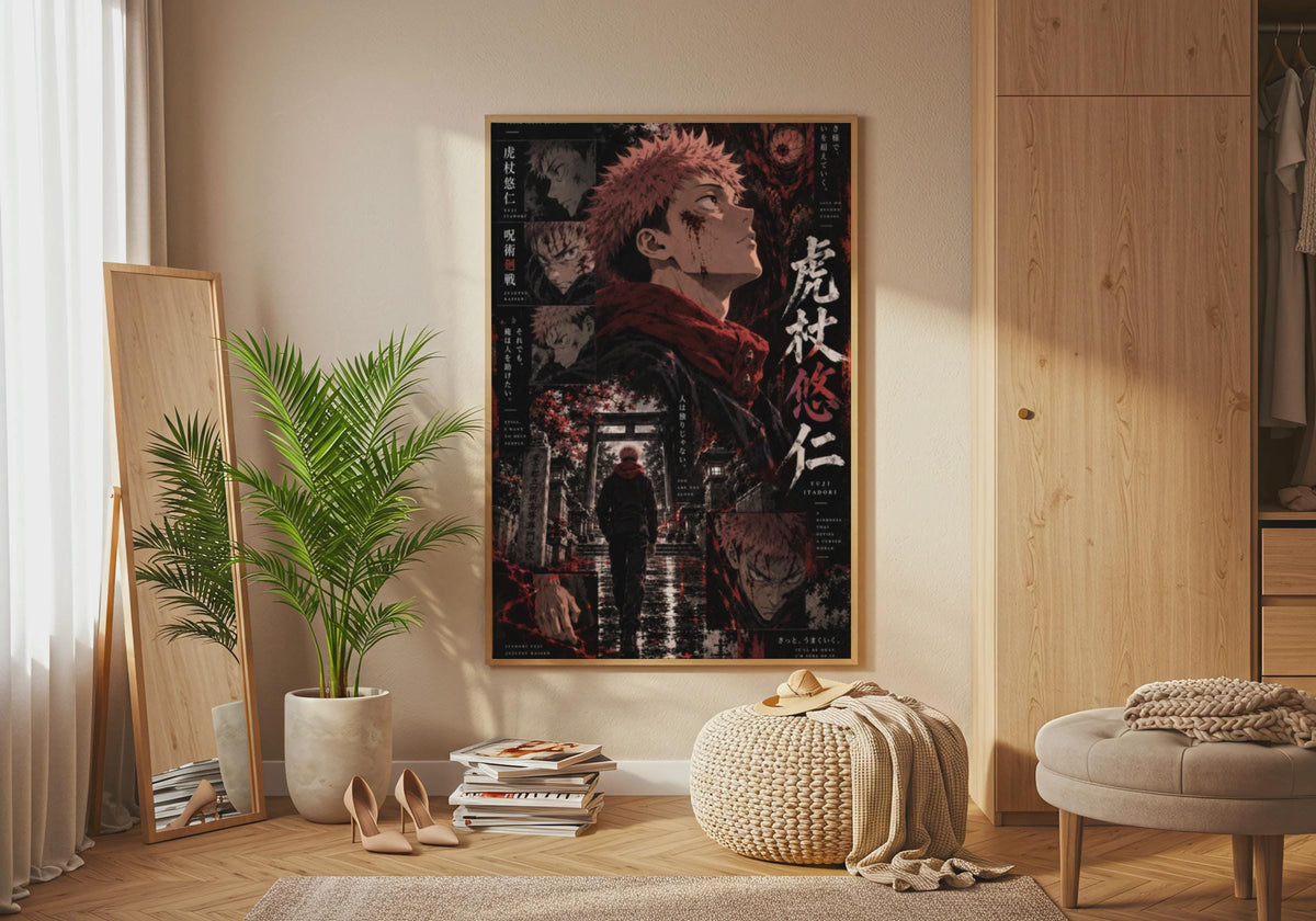 Yuji Itadori Jujutsu Kaisen Poster, Dark Anime Wall Art, Red Black Print