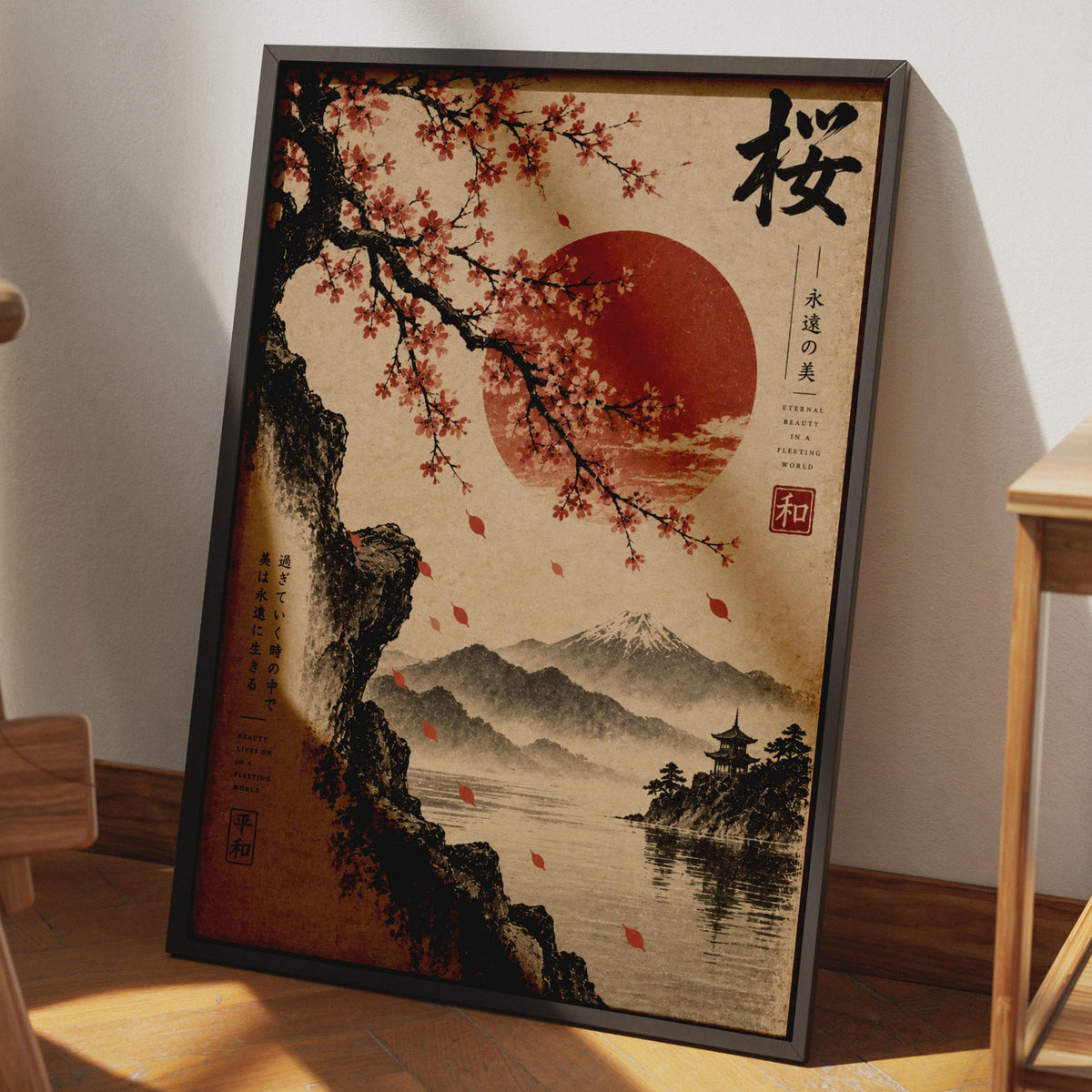 Cherry Blossom Japanese Wall Art Poster, Red Sun Mount Fuji, Vintage Ink Print