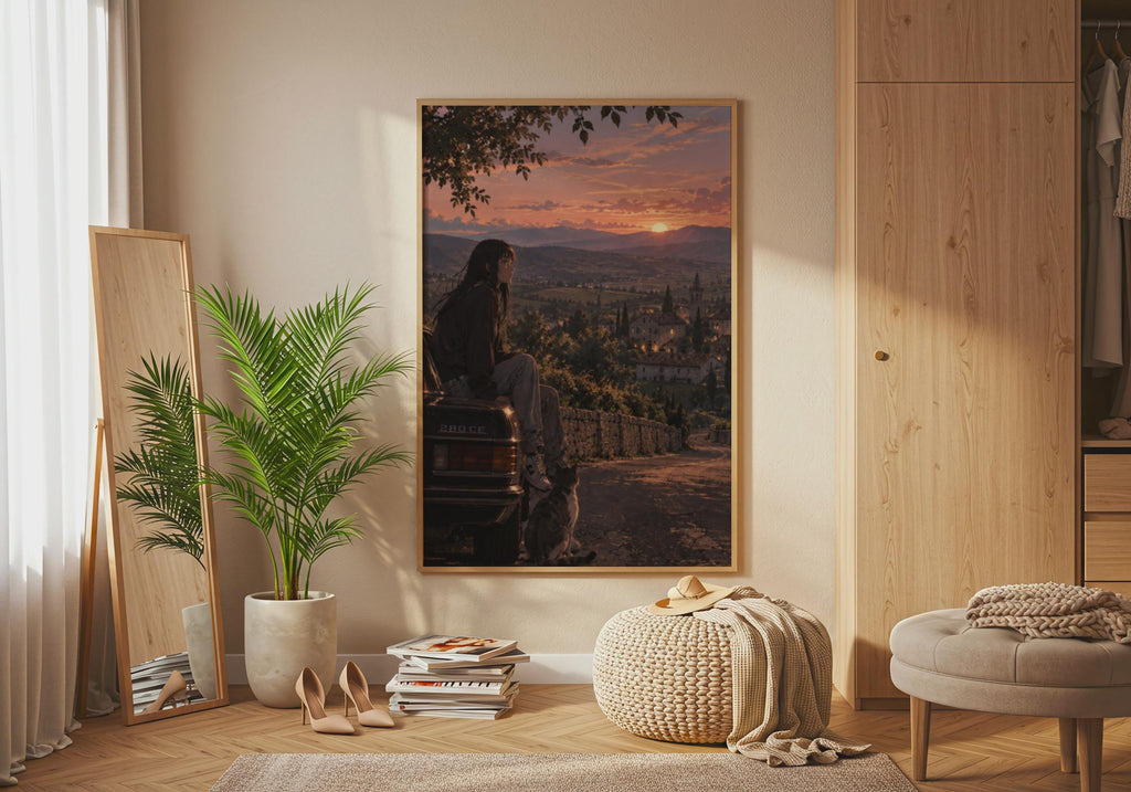 Anime Girl Vintage Car Sunset Poster, Countryside Village Wall Art Print