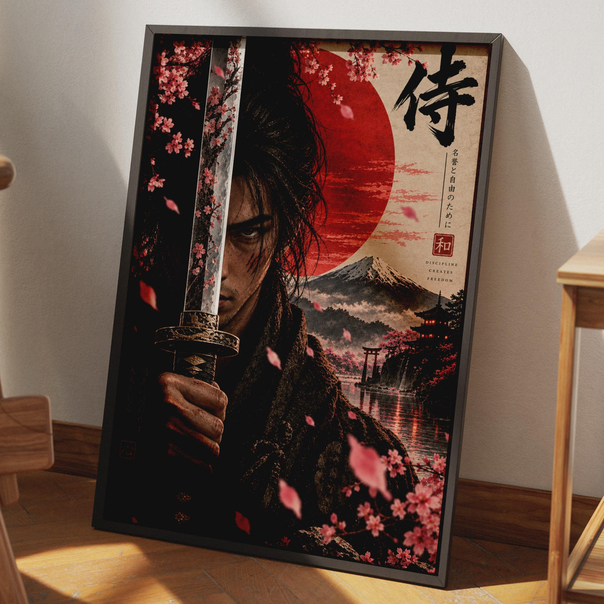Samurai Warrior Poster, Japanese Katana Art, Cherry Blossom Print (Physical)