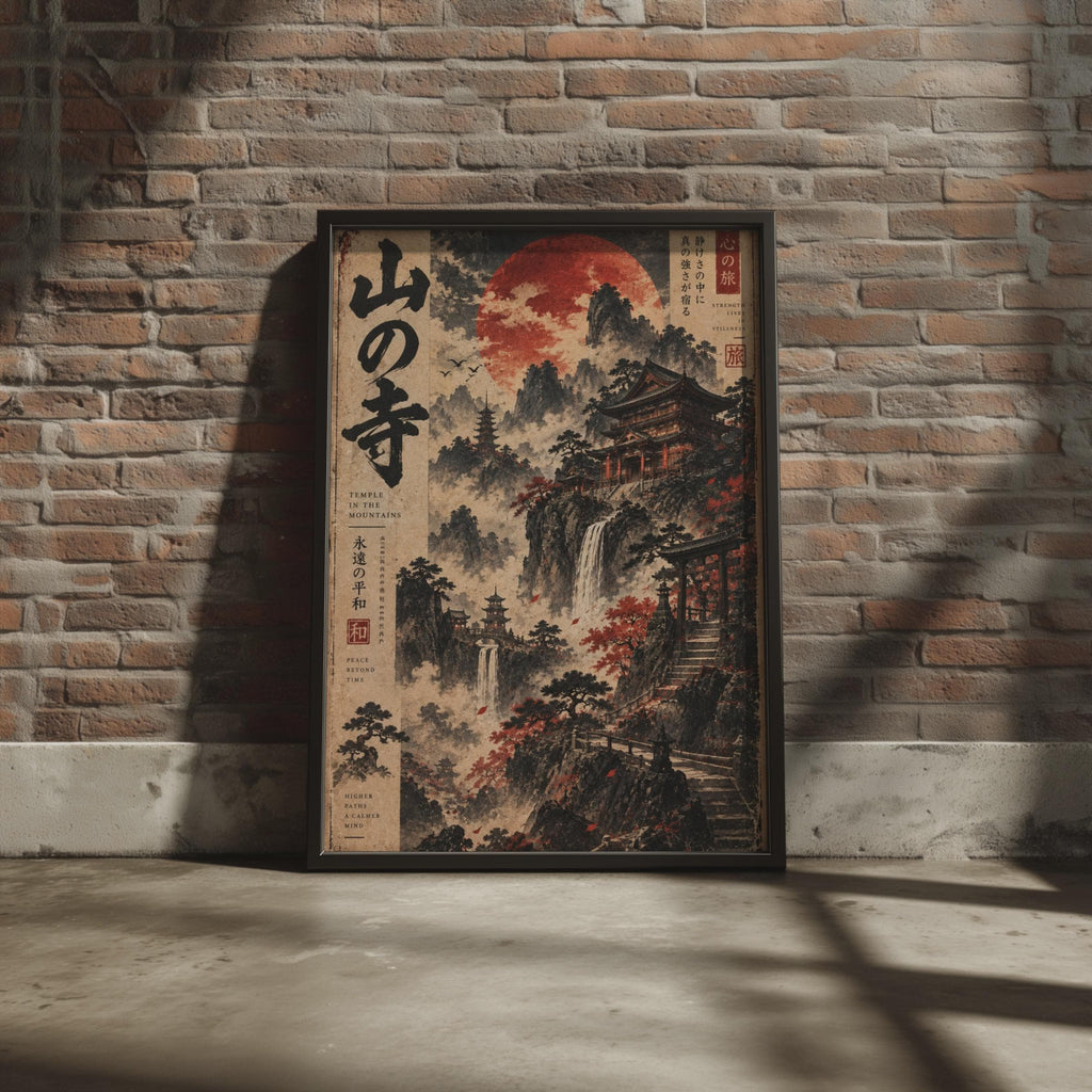 Japanese Temple Mountain Scroll Poster, Red Moon Zen Wall Art, Vintage Eastern Print