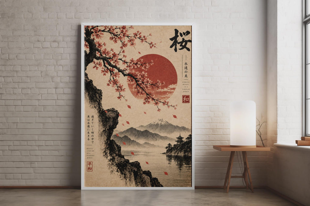 Cherry Blossom Japanese Wall Art Poster, Red Sun Mount Fuji, Vintage Ink Print