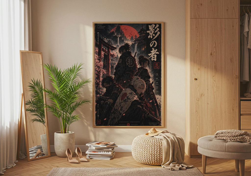 Shadow Shinobi Red Moon Wall Art, Dark Ninja Print