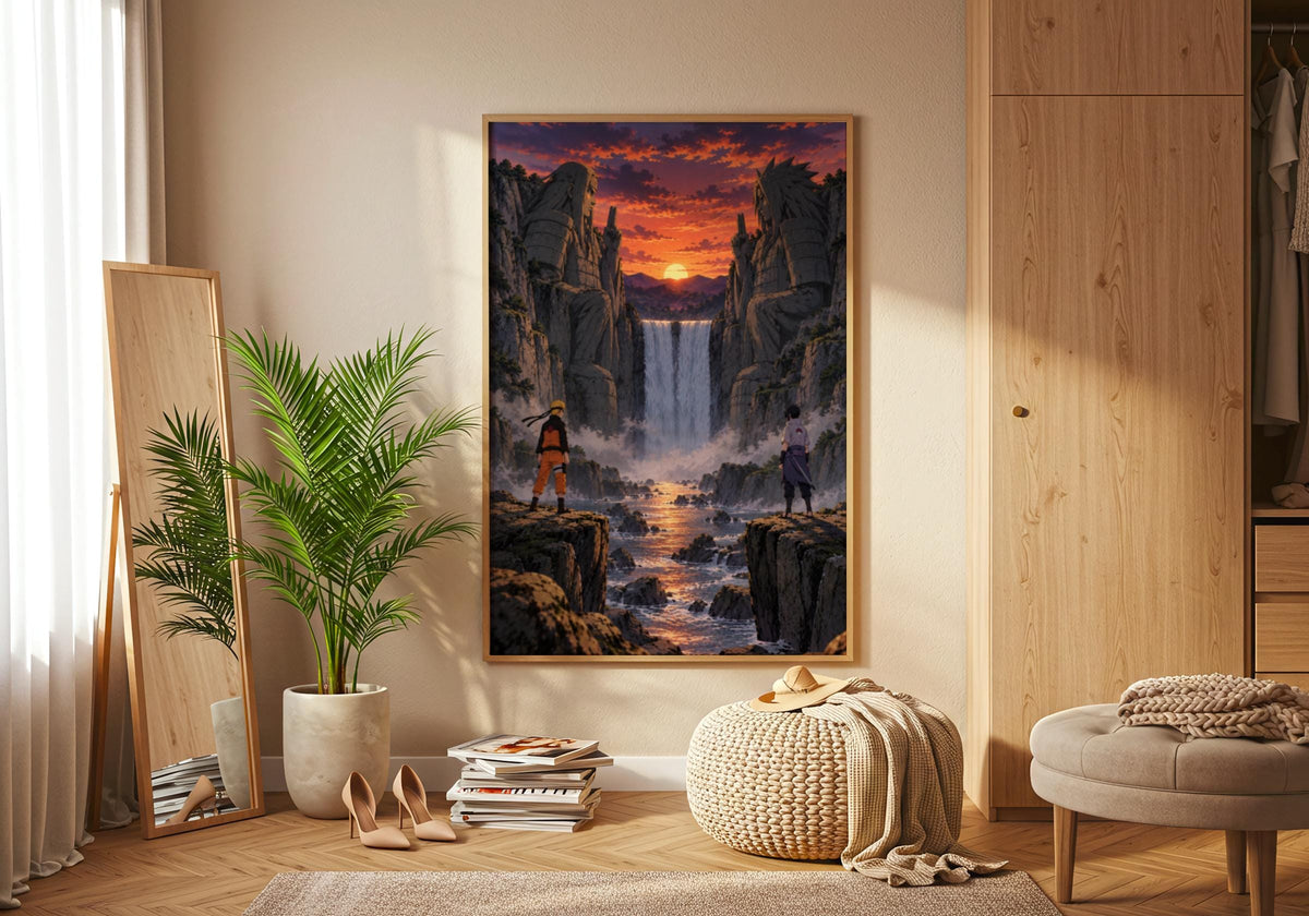 Naruto vs Sasuke Valley of the End Anime Poster, Sunset Waterfall Wall Art Print