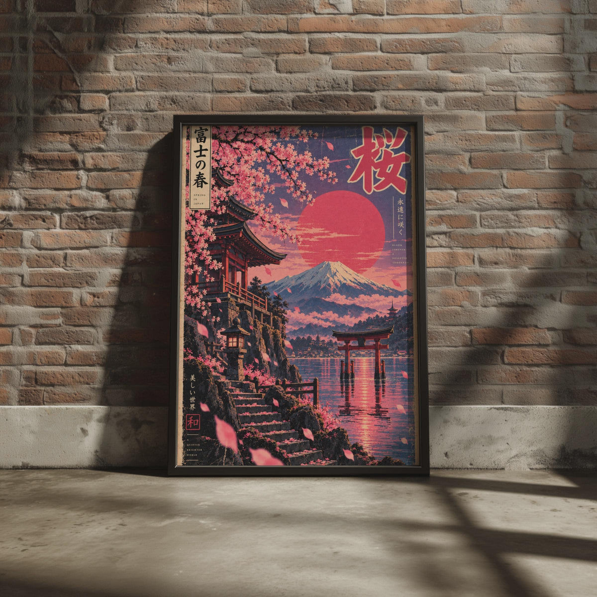 Cherry Blossom Mount Fuji Poster, Japanese Spring Wall Art, Torii Gate Print, Retro