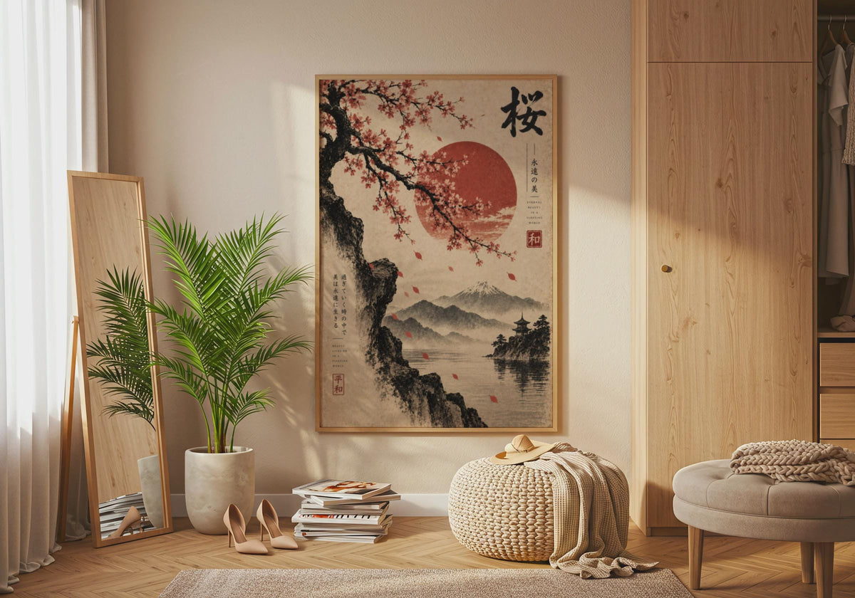 Cherry Blossom Japanese Wall Art Poster, Red Sun Mount Fuji, Vintage Ink Print