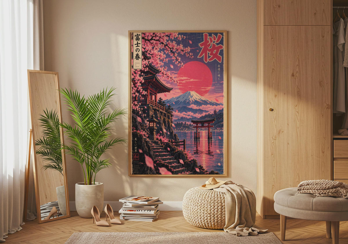 Cherry Blossom Mount Fuji Poster, Japanese Spring Wall Art, Torii Gate Print, Retro