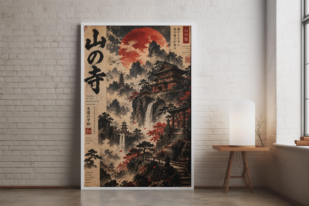 Japanese Temple Mountain Scroll Poster, Red Moon Zen Wall Art, Vintage Eastern Print
