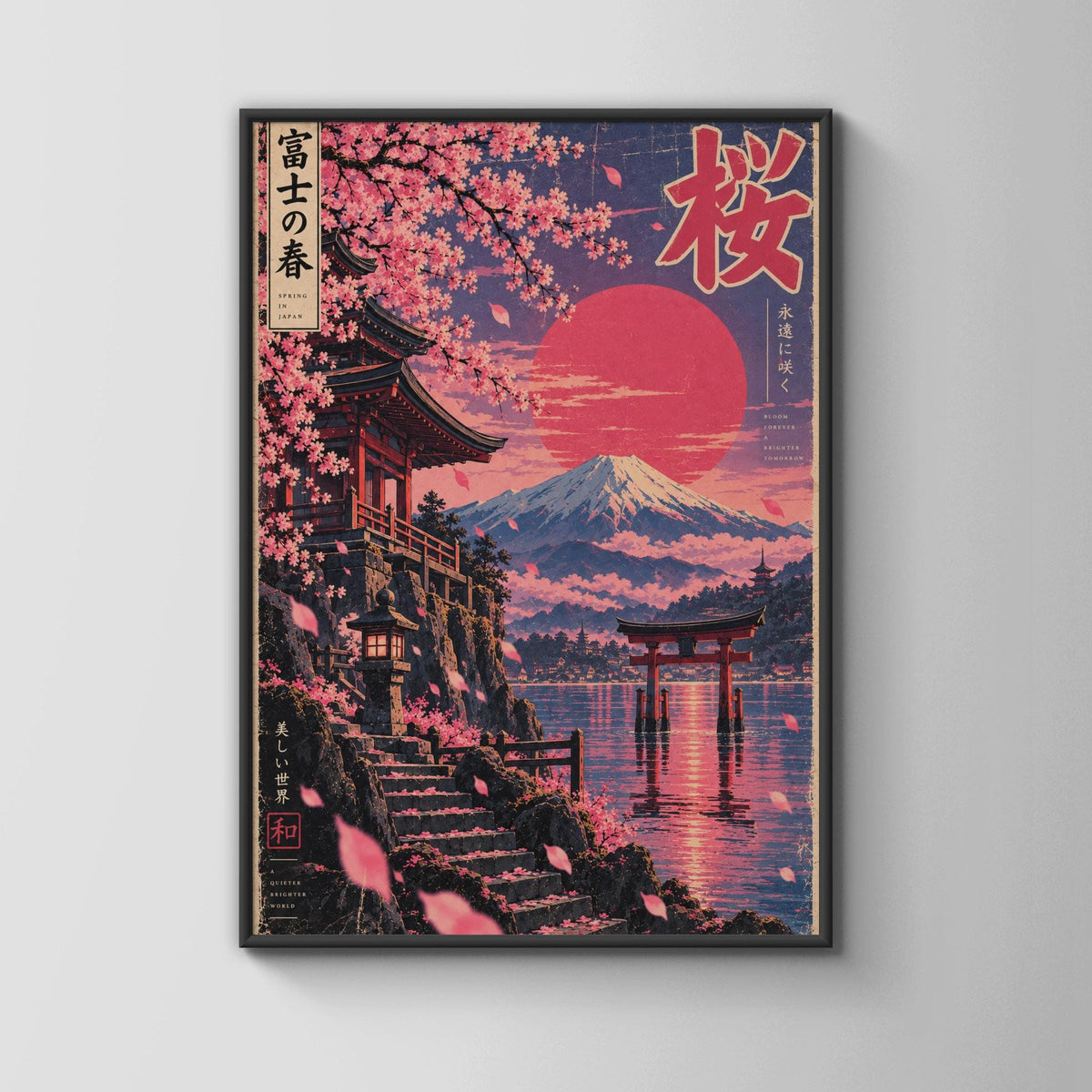 Cherry Blossom Mount Fuji Poster, Japanese Spring Wall Art, Torii Gate Print, Retro