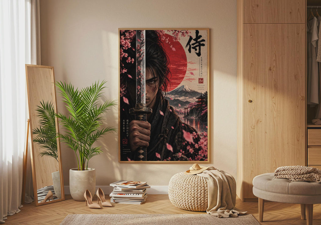 Samurai Warrior Poster, Japanese Katana Art, Cherry Blossom Print (Physical)